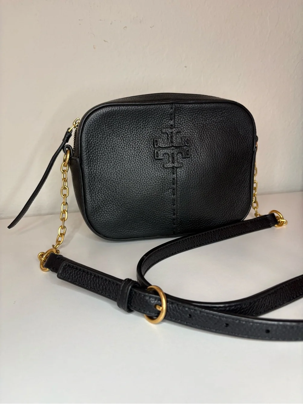Tory Burch Black Pebbled Leather McGraw Camera Crossbody Bag gold hardware